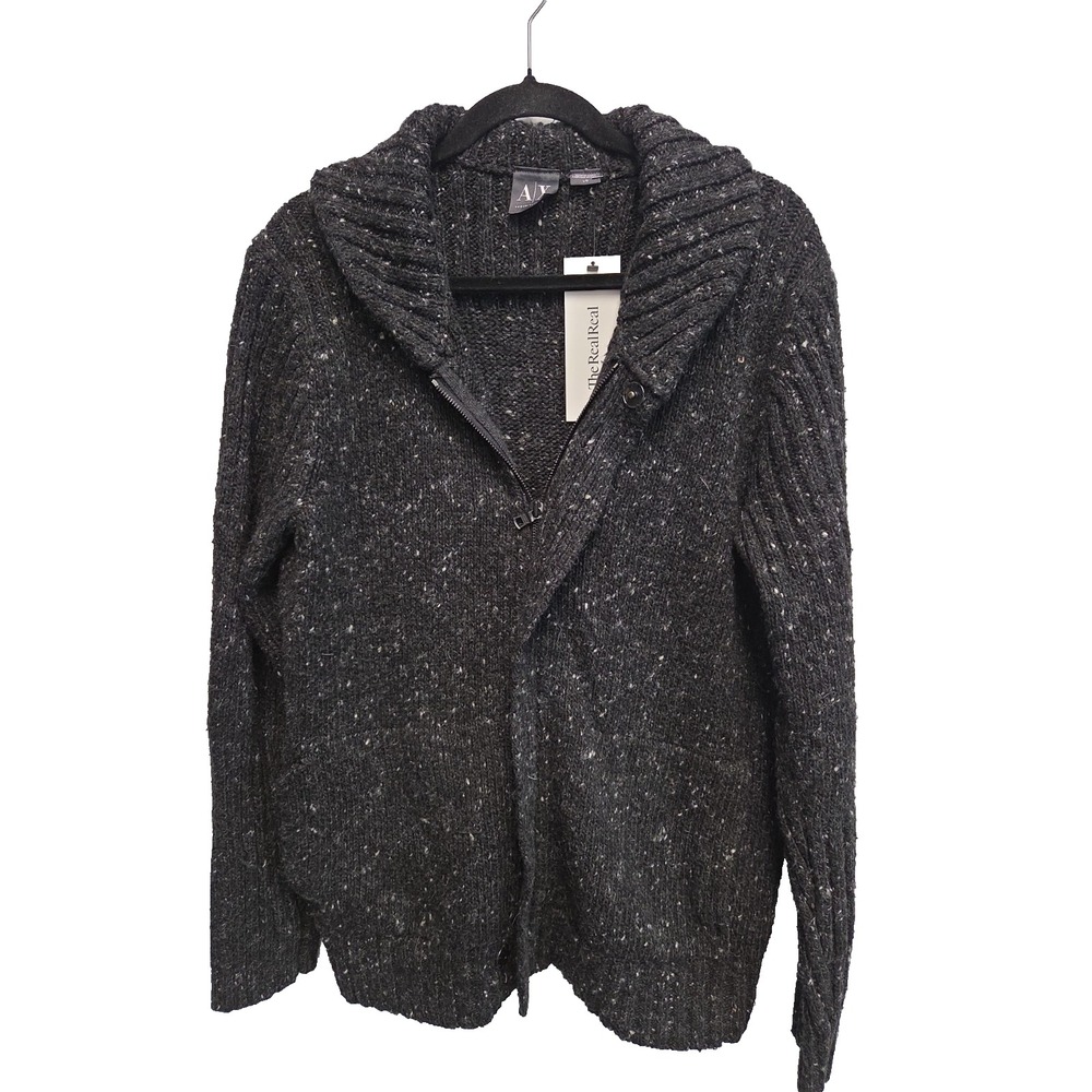 A/X Armani Exchange Mens L Black Zip-Up Sweater Grandpa Shawl Collar Wool Blend